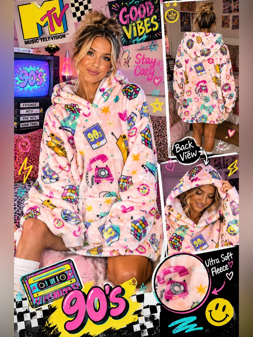 Cozy 90s Print Hooded Fleece Pullover - Pink